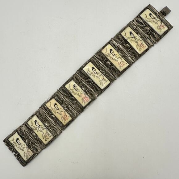 Antique Chinese silver filigree Scrimshaw etched woman ox bone panel bracelet - Picture 1 of 12